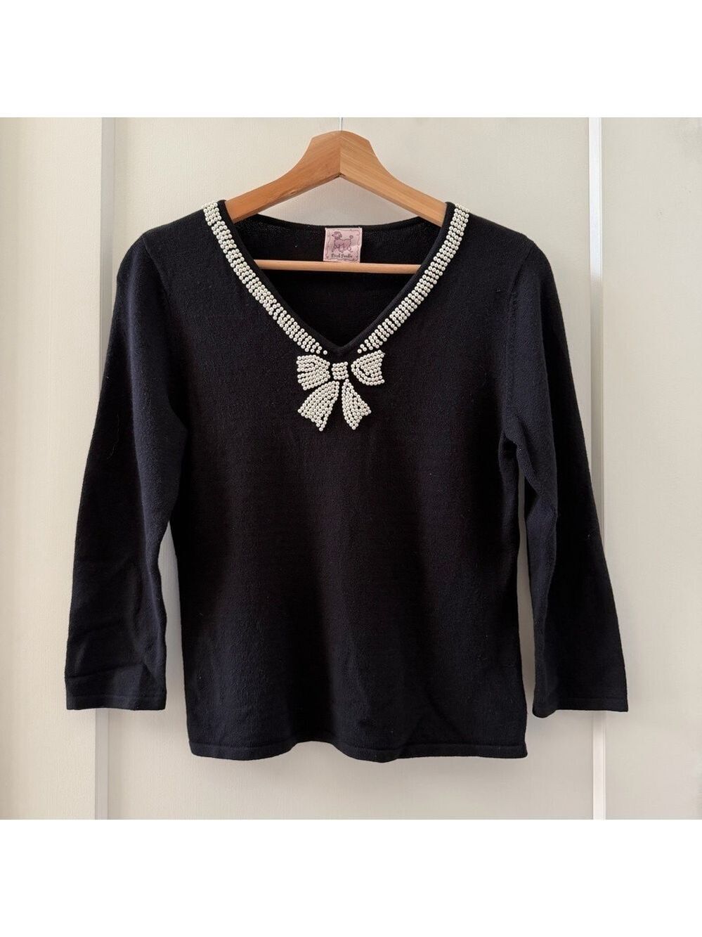 Pink Poodle Woman's Retro Y2K Beaded Pearl Bow V-Neck Black Sweater Top
